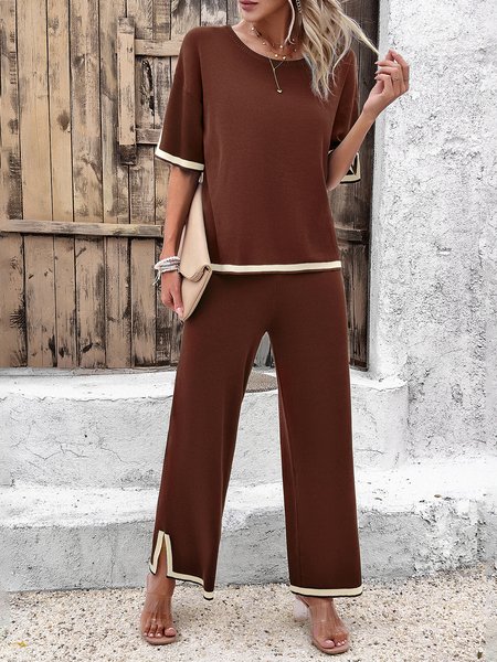 

Women's Color Block Daily Going Out Two Piece Set Short Sleeve Casual Summer Top With Pants Matching Set Black, Brown, Suit Set