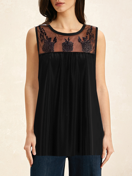 

Women Black Floral Lace Casual Crew Neck Tank Top, Tanks & Camis
