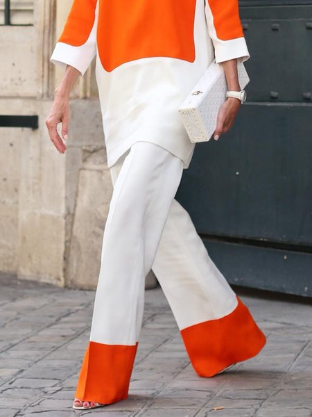 

Daily Color Block Fashion Wide Leg Pants, Orange, Pants