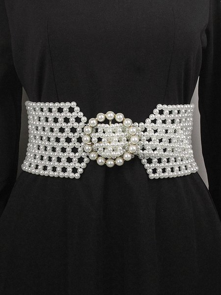 

Elegant Braided Imitation Pearls Wide Belt Dress Decorative Hollow Out Waist Belt, As picture, Belts