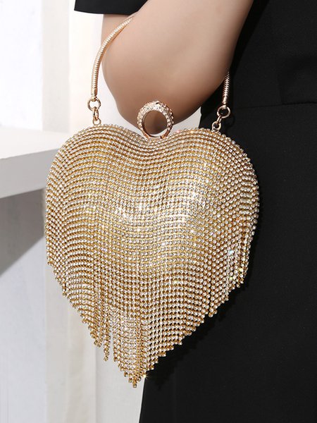 

Valentine's Day Heart Shape Rhinestone Fringe Handbag Party Clutch Bag with Crossbody Chain, Golden, Bags