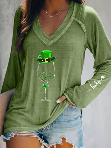 

St.Patrick'S Day Casual Loose V Neck T-Shirt, Green, T-Shirts