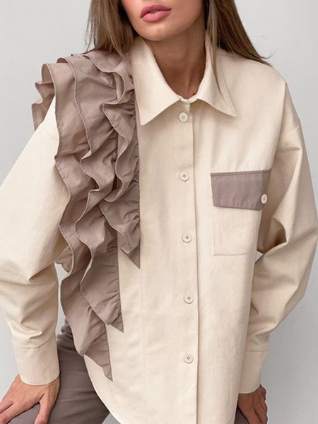 

Cotton Flouncing Color Block Casual Blouse, Apricot, Shirts & Blouses