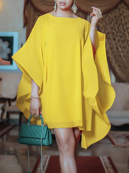 

Loose Vacation Plain Mini Dress With No Belt, Yellow, Mini Dresses