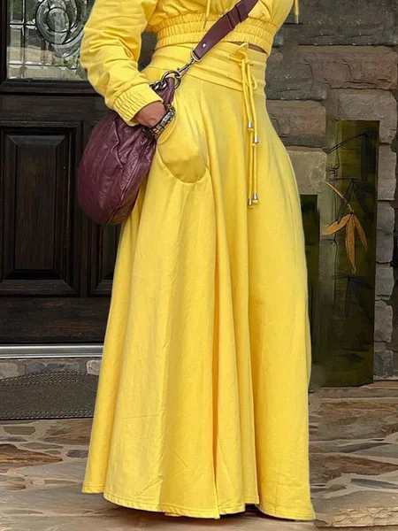 Plain Casual Loose A-Line Long Skirt, Yellow, Skirts