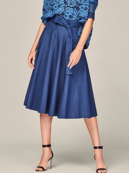 

Elegant Regular Fit Denim Skirt With Belt, Blue, Denim Skirts