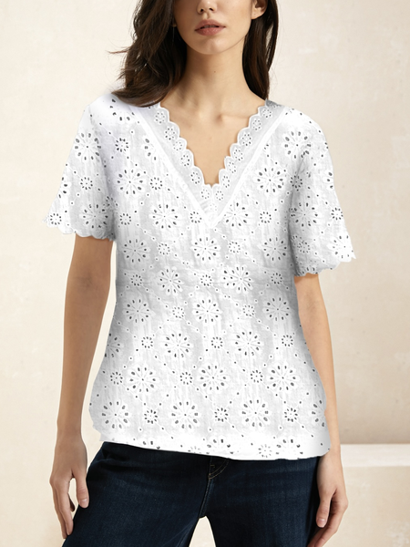

Women's Casual Cotton Plain V Neck Short Sleeve Lace Loose T-shirt, White, T-shirts