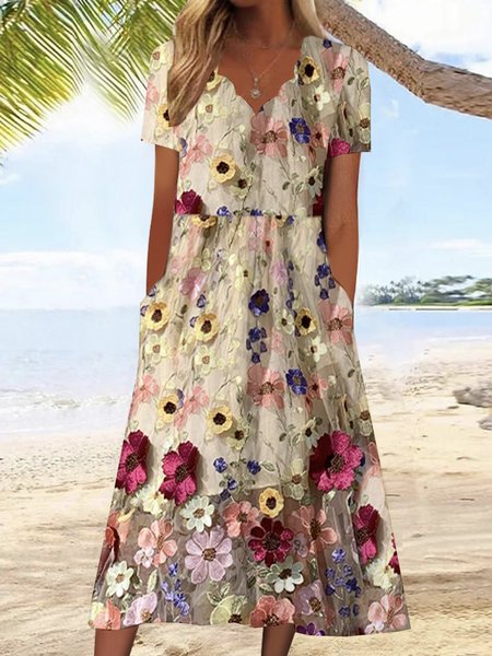 

Women Ethnic Lotus Leaf Collar Short Sleeve Comfy Casual Lace Maxi Dress, Multicolor, Dresses