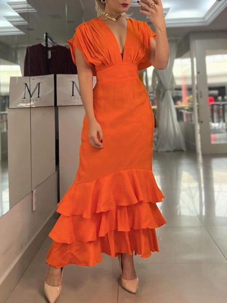 

Short Sleeve Plain Flouncing Urban Regular Fit Dress, Orange, Maxi Dresses