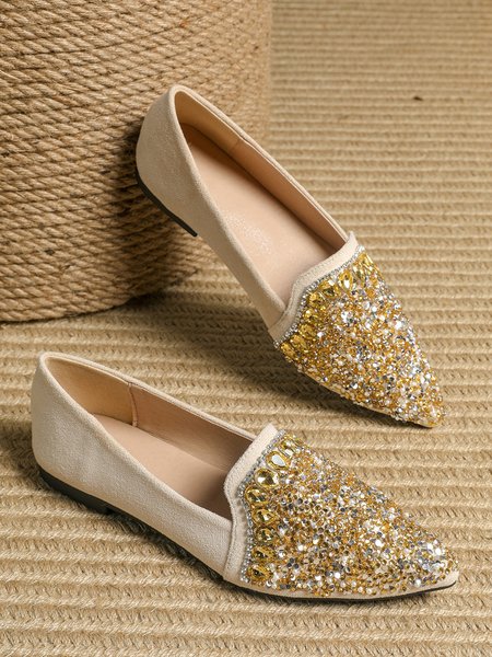 

Gorgeous Rhinestone Sequined Pointed Toe Flat Shoes, Apricot, Flats