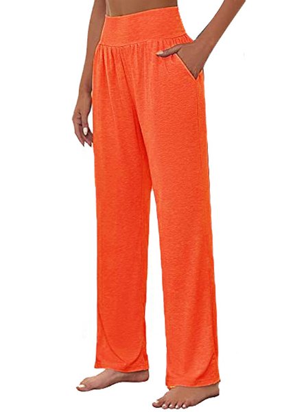 

Women's Elastic Waist H-Line Straight Pants Daily Going Out Pants Casual Pocket Stitching Knitted Plain Spring/Fall Pants, Orange red, Pants