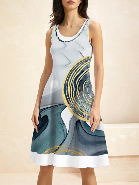 

Women Abstract Crew Neck Short Sleeve Comfy Boho Midi Dress, Blue, Dresses