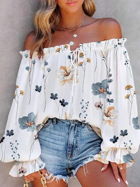 

Cold Shoulder Long Sleeve Floral Regular Loose Shirt For Women, White, Blouses