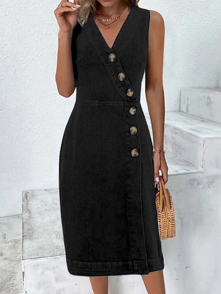 

Women Plain V Neck Sleeveless Comfy Casual Buckle Midi Dress, Black, Dresses
