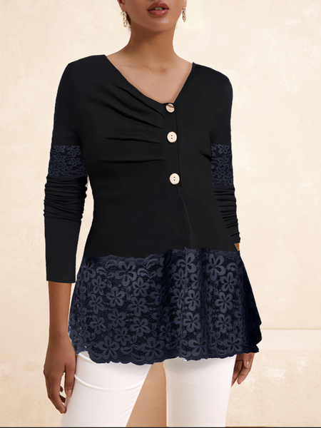

Women's Casual Plain Asymmetrical Floral Long Sleeve T-shirt, Black, T-shirts