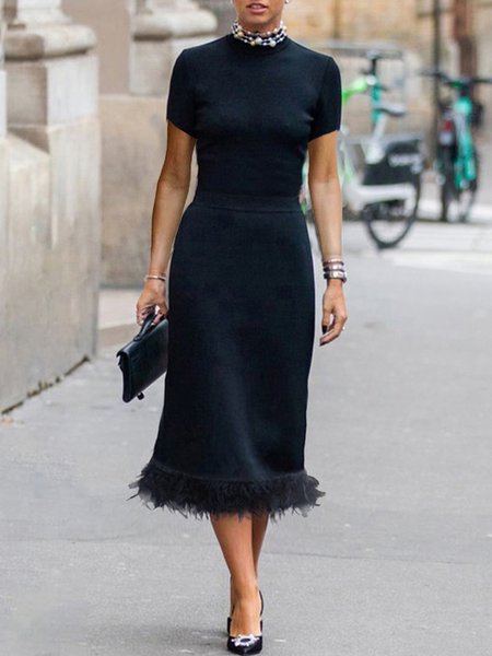 Elegant Crew Neck Feathered Hem Midi Dress, Black, Midi Dresses