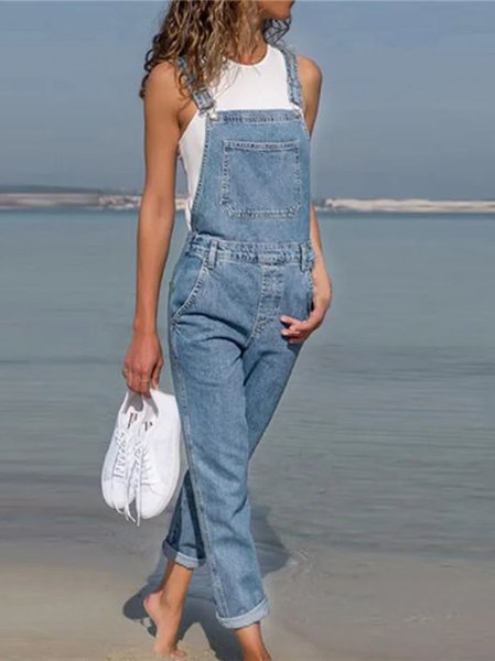 

Women Denim Long Sleeve Spaghetti Loose Long Daily Casual Plain Overall Jumpsuits, Light blue, Jumpsuits&Rompers