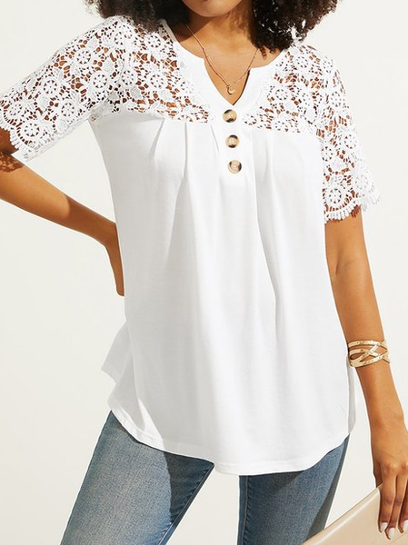 

Loose Split Joint Lace Casual Blouse, White, Shirts & Blouses