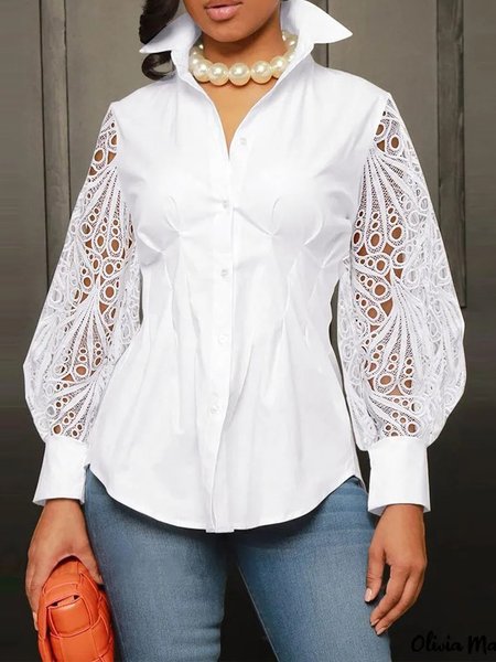 

Plain Urban Regular Fit Shirt Collar Patwork Lace Blouse, White, Blouses and Shirts
