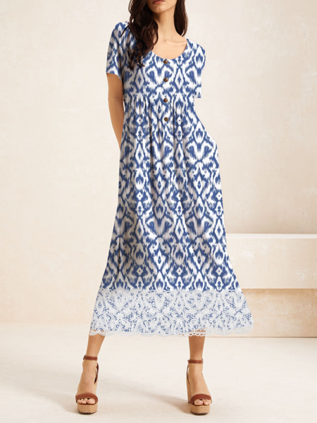 

Women Abstract Lace Collar Short Sleeve Comfy Casual Lace Maxi Dress, Blue, Dresses