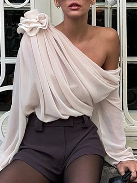 

Asymmetrical Loose Plain Elegant Long Sleeve Shirt, Apricot, Blouses and Shirts