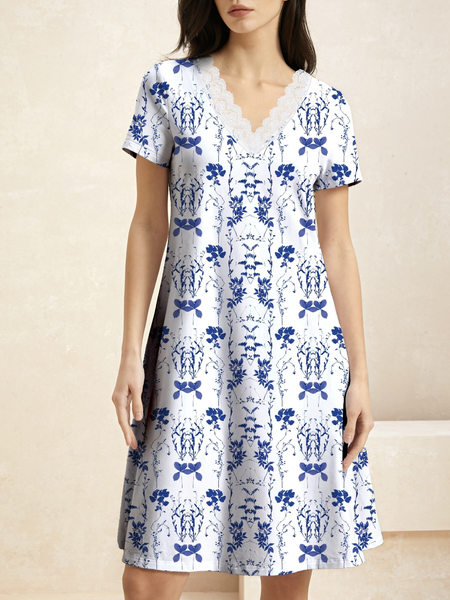 

Women Floral Lace Collar Short Sleeve Comfy Casual Lace Edge Short Dress, White, Dresses