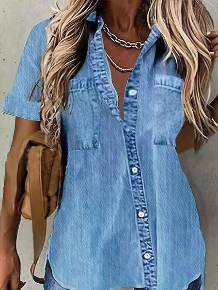 

Shirt Collar Short Sleeve Plain Regular Loose Blouse For Women, Blue, Blouses