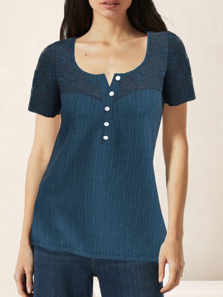 

Crew Neck Short Sleeve Floral Lace Regular Micro-Elasticity Loose Shirt For Women, Blue, Blouses