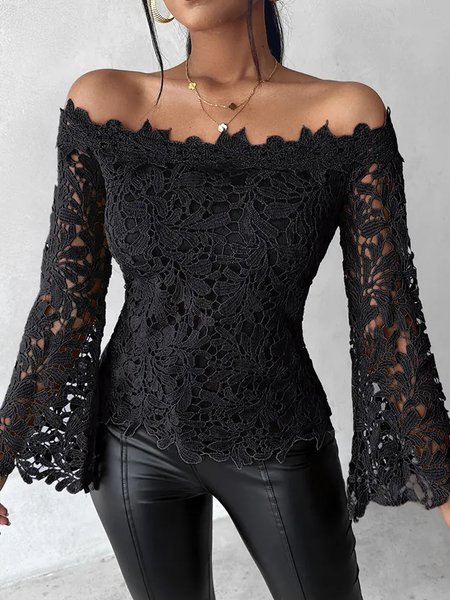 

Boat Neck Long Sleeve Plain Regular Micro-Elasticity Loose Shirt For Women, Black, Blouses