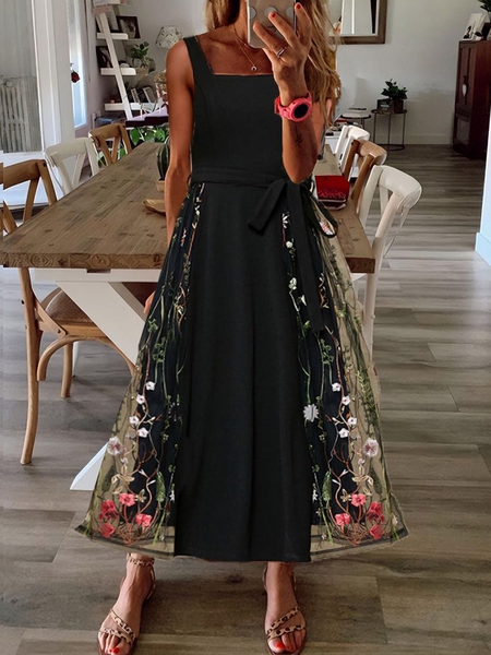 

Women Embroidery Patterns Crew Neck Sleeveless Comfy Casual Midi Dress, Black, Dresses