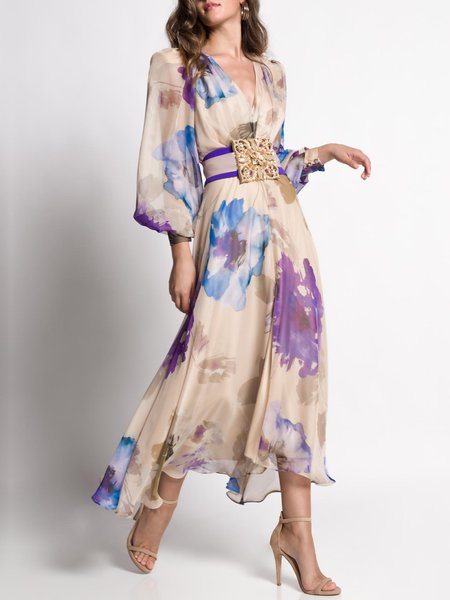 

Elegant V Neck Vacation Floral Regular Fit Dress With No Belt, As picture, Midi Dresses