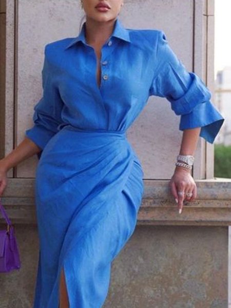 

Regular Fit Long Sleeve Urban Linen Plain Blouse, Blue, Blouses and Shirts