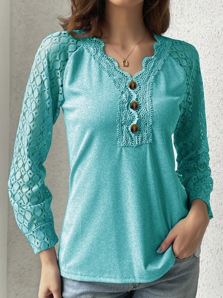 

V Neck Casual Plain Lace Bukle T-Shirt, Light blue, T-shirts