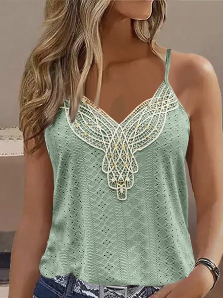 

Women Elegant V Neck Plain Lace Tank Top, Green, Tanks & Camis