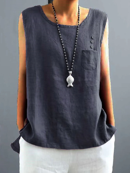 

Crew Neck Simple Cotton Loose Linen Style Tank Top, Deep blue, Tank Tops & Camis