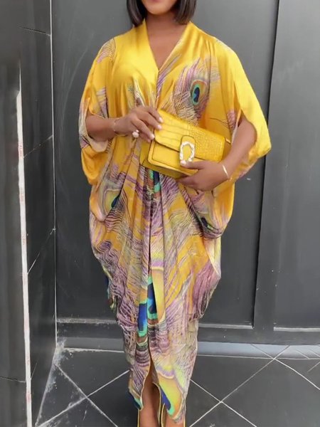 

Loose V Neck Urban Feather Pattern Dress, Yellow, Maxi Dresses