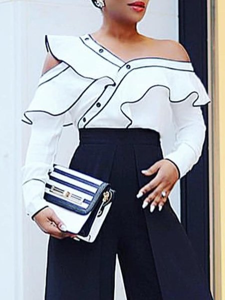 

Color Block Regular Fit Flouncing Urban Blouse, White, Blouses and Shirts