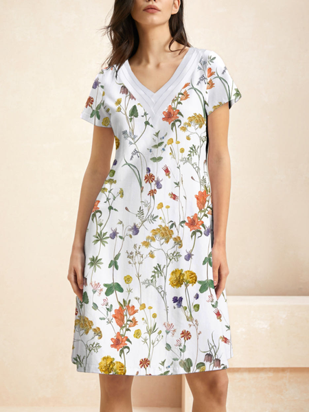 

Women Floral V Neck Short Sleeve Comfy Casual Short Dress, White, Dresses