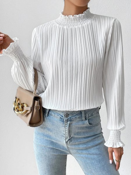 

Stand Collar Long Sleeve Plain Regular Loose Shirt For Women, White, Blouses