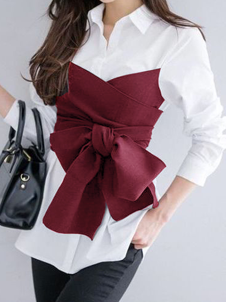 

Color Block Long Sleeve Regular Fit Elegant Blouse, White, Blouses and Shirts
