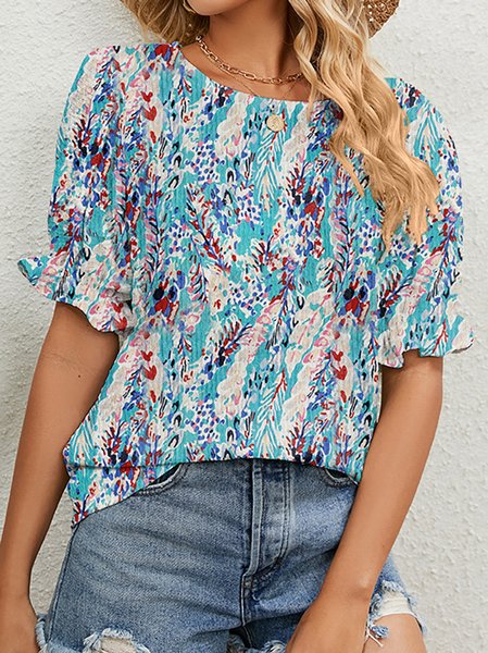

Vacation Crew Neck Small Floral Shirt, Green, Shirts & Blouses