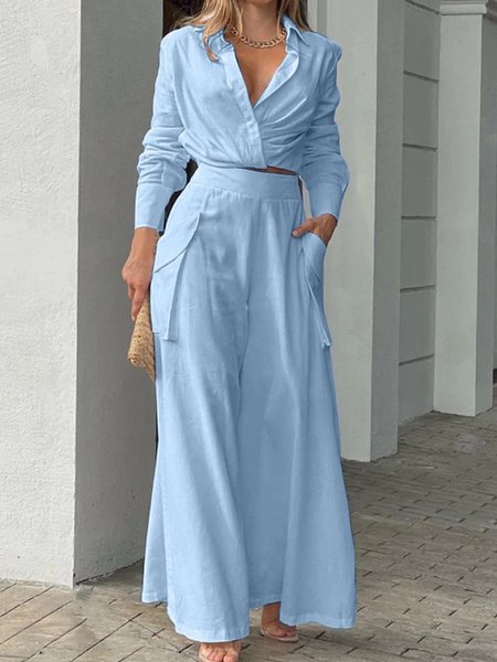 

Loose Shirt Collar Casual Pocket Stitching Two-Piece Set, Light blue, Suit Set