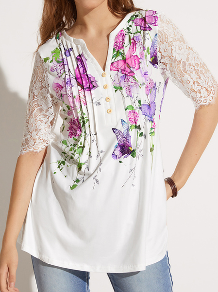 

JFN V Neck Butterfly Floral Lace Daily Tunic Tops, White, Blouses