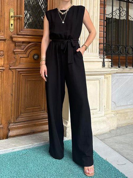 

Regular Fit Plain Casual Jumpsuit With Belt, Black, Jumpsuits＆Rompers