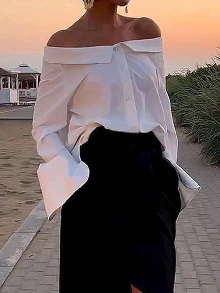 

Cold Shoulder Loose Plain Urban Blouse, White, Blouses and Shirts