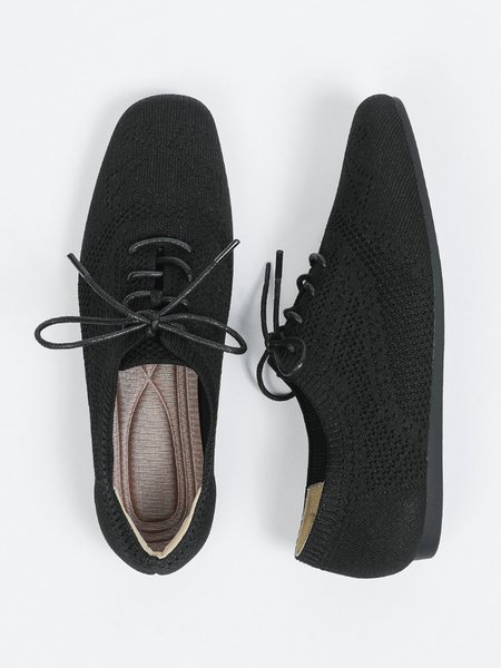 

Breathable Mesh Fabric Comfy Insole Square Toe Lace-Up Brogue Shoes, Black, Flats