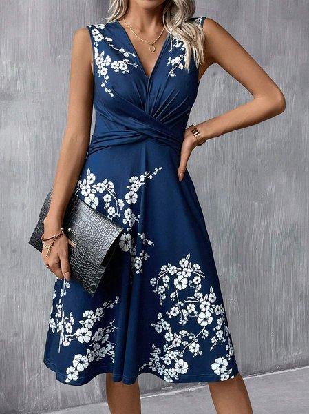 

Women Floral V Neck Sleeveless Comfy Casual Midi Dress, Purplish blue, Dresses
