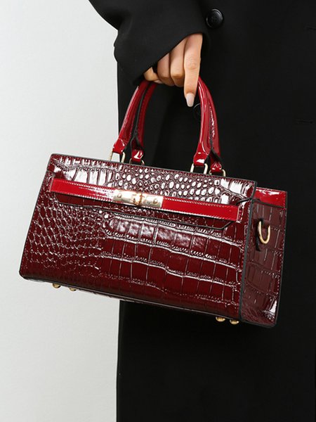 

Crocodile Embossed Handbag Commuting Patent PU Leather Square Crossbody Bag, Wine red, Bags