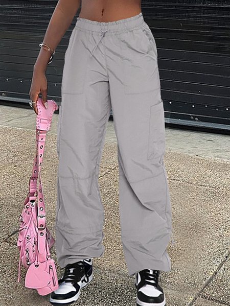 

Casual Plain Drawstring Loose Pants, Gray, Pants