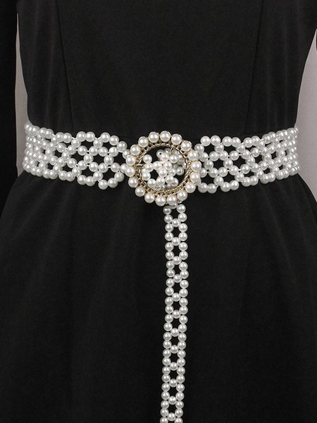 

Elegant Braided Imitation Pearls Belt Dress Decorative Hollow Out Stretch Waistband, As picture, Belts